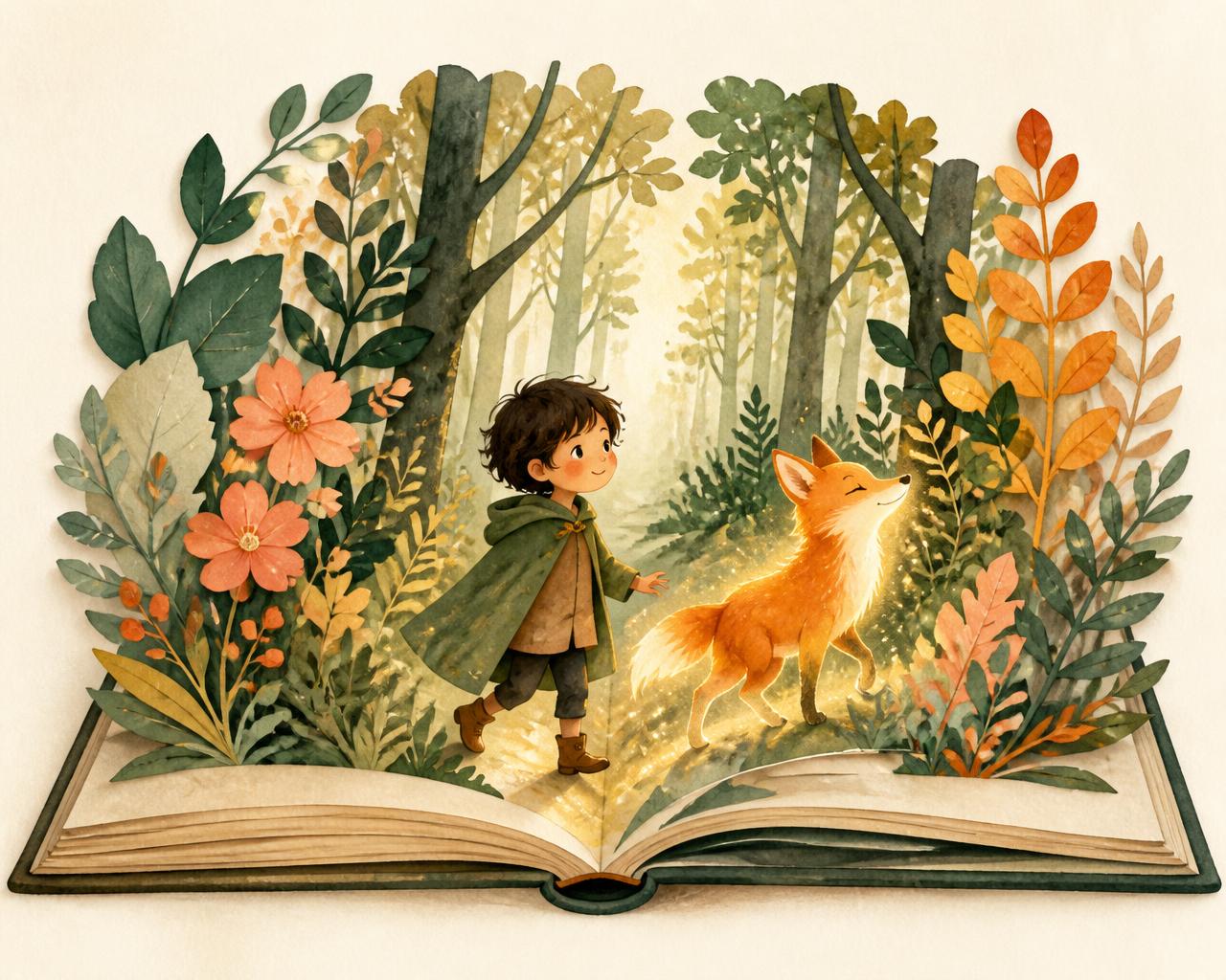 Illustrated open storybook with a child and a glowing fox stepping into an enchanted forest